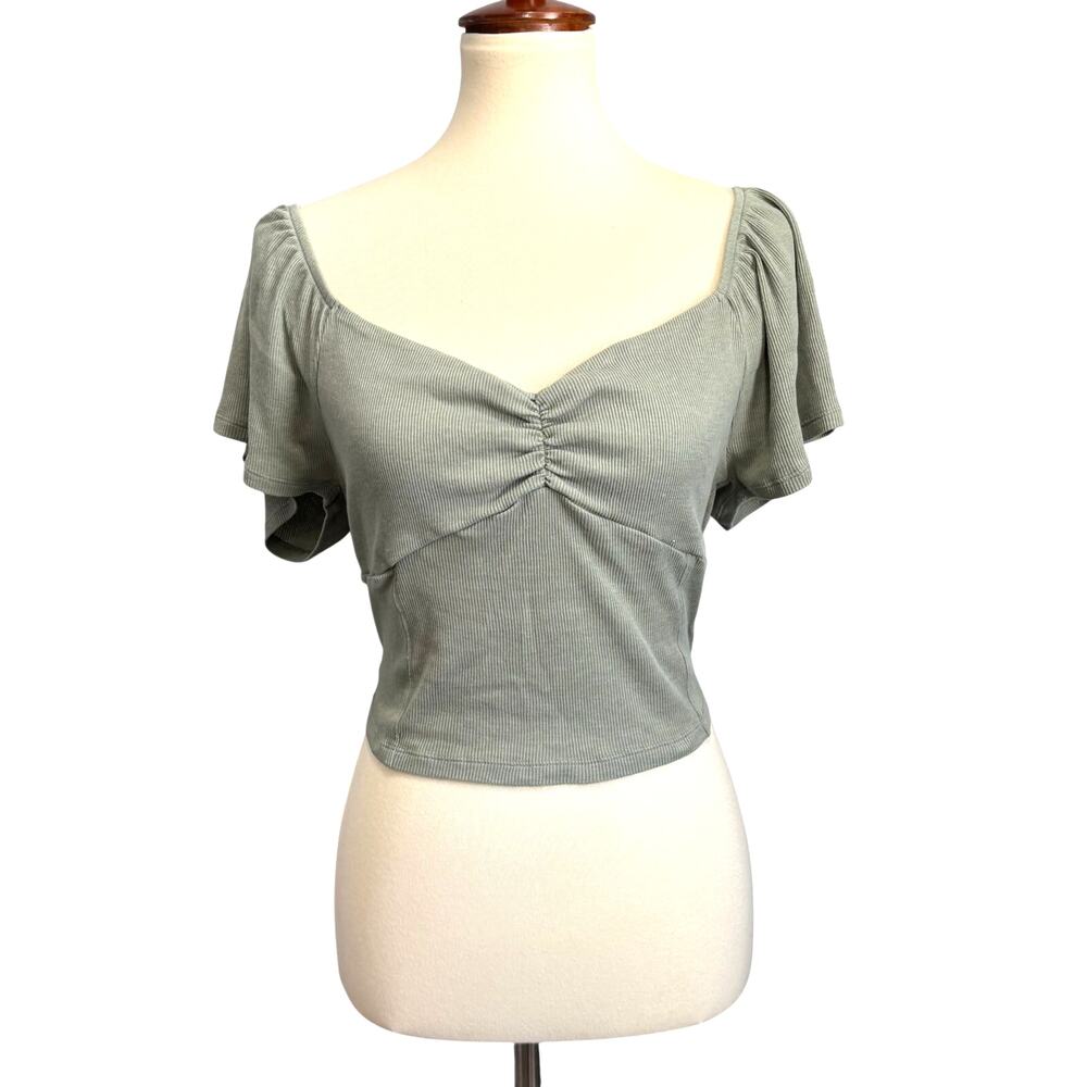 American Eagle Sage Green Ribbed Ruched Front Crop Top Festival Y2K Size Large